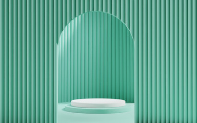 3d Green scene background with white podium and arch gate for product presentation. Abstract minimal mockup with cylinder platform and door.