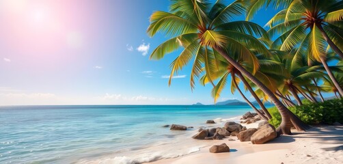 Naklejka premium Tropical beach scene with vibrant colors, palm trees, and clear water, travel, relaxation