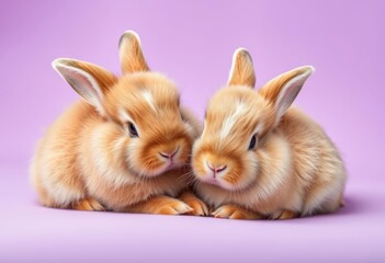 Obraz premium Two adorable fluffy bunnies nestled together on a soft purple background, purple, fluffy