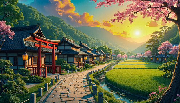 Serene landscape featuring historic Japanese architecture, blooming sakura 桜, hanami, iconic red torii 鳥居, tranquil stream, lush rice paddies, and scenic mountains under a glowing sunrise sky