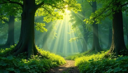 Sunlight dappled through the leaves of a lush forest, showcasing vibrant green foliage and towering trees , arboreal, sunbeams