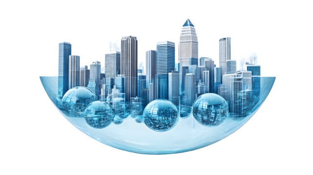 A futuristic cityscape nestled within a transparent, orb-like structure, symbolizing technological advancement and urban development