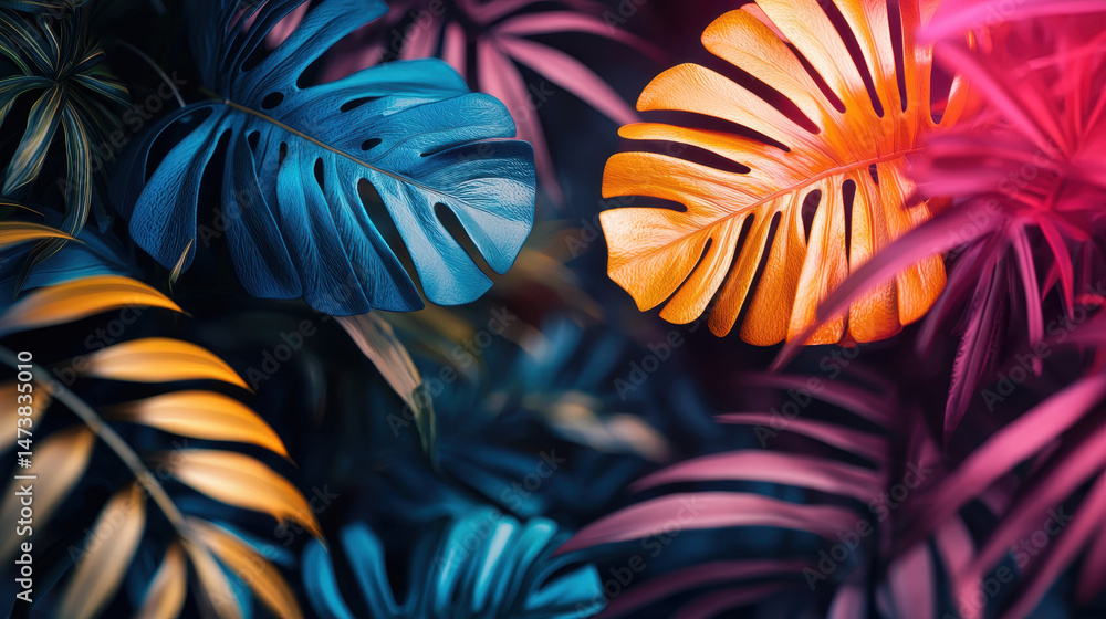 Poster vibrant 4k 3d background displaying realistic nature patterns with colorful monstera leaves and trop