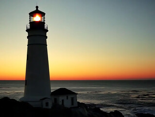 Dramatic silhouette of a lighthouse glowing at sunset over a tranquil ocean.  Perfect for travel, coastal, hope, and guidance themes. Ideal for websites, brochures, and social media.