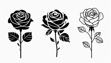 세 가지 스타일의 장미 꽃 디자인을 실루엣으로 표현한 고해상도 흑백 벡터 일러스트레이션(
High resolution black and white vector illustration of three styles of rose flower designs in silhouette)
