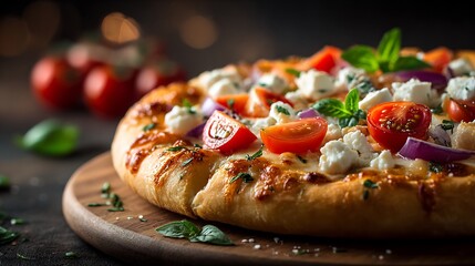 Artisan pizza topped with fresh ingredients on rustic wooden board, soft glow