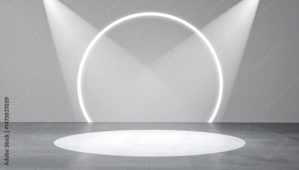 Poster illuminated circular stage display modern studio digital art minimalist environment centered perspec