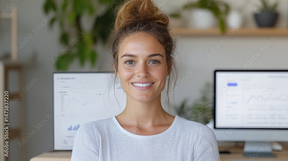 Poster young professional smiling confidently office setting with charts and graphs displayed screens