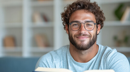 Obraz premium Reading personal finance book, young professional smiles confidently in cozy setting