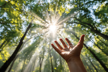 hand reaching for sunlight in forest