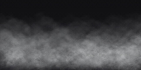 Fog effect on transparent dark background. Smoke gray cloud