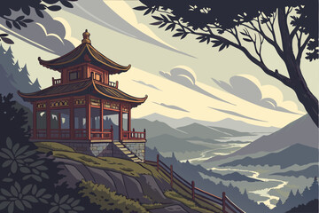 Fototapeta premium 89 ornate oriental pagoda on cliffside overlooking valley and mountains, dramatic cloudy sky, lush foliage, highly detailed, cinematic lighting, mystical atmosphere, award winning landscape photograph