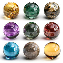 Nine mesmerizing glass spheres showcasing vibrant colors and swirling textures a captivating display of artistry,