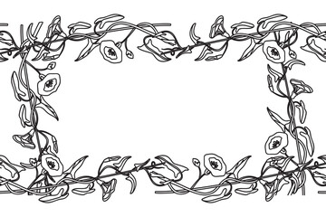 Line art botanical floral frame isolated on white background. Hand drawn outline bindweed plant with Flowers Stems Leaves vector illustration. Graphic design element for Birthday Wedding Greeting Card