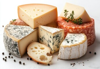 Assorted Cheeses with Distinct Textures and Aromas on a Rustic White Background for Culinary, Food Photography, and Gourmet Art Projects