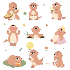 Cartoon groundhogs. Marmots various poses, cute groundhog sleeping, greets spring, play music. Funny wild animals children mascont nowaday vector set