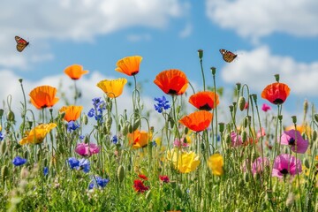 Fototapeta premium Colorful Poppy Flowers and Butterfly in the Sky, Spring Meadow Background, Vibrant Wildflowers, High-Resolution Photorealistic Image