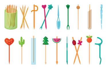 Toothpicks. Wooden plastic toothpick in bag and glass. Personal oral hygiene product. Canape sticks for finger food decorations, neoteric vector symbols