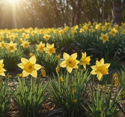 Obraz premium Sunlit field of cheerful daffodils swaying gently, yellow, green, day