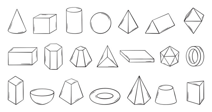 Hand drawn 3d geometric shapes. Different geometry elements for lesson materials. Shape of volumetric cube, ball, pyramid, polyhedron, neoteric vector set