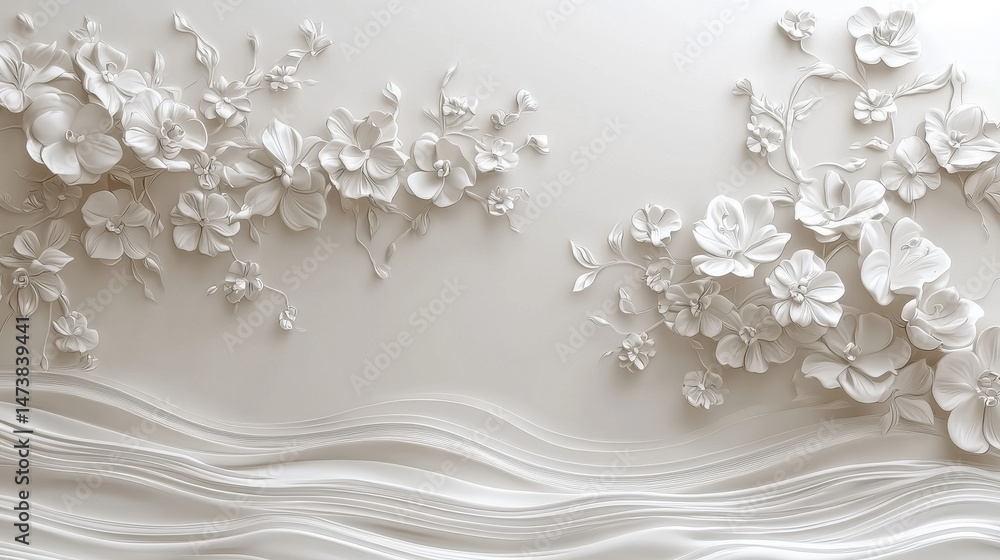 Poster a unique and realistic 4k 3d background showcasing beautiful floral motifs in a side view, creating 