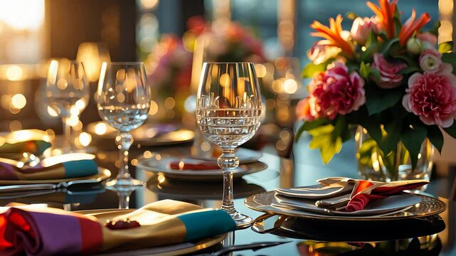 Elegant Dinner Table with Crystal Glasses Flowers and Colorful Napkins at Sunset Event