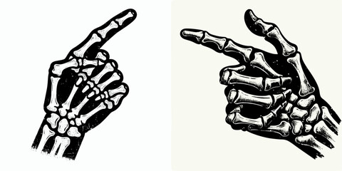 a single one Skeleton Hand Pointing gesture isolated on white background. halloween Silhouette Vector Clipart. Boney arm indicating finger direction blank backdrop macabre theme.