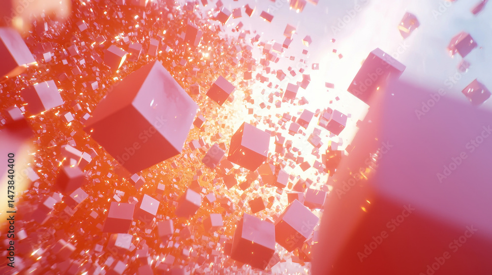 Poster aesthetically unique 3d background with realistic floating cubes in 4k resolution, viewed from a sid