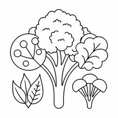 Spinach, Kale, and Broccoli Outline Illustration for Healthy Vegetables Coloring Book Pages