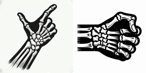 a single one Skeleton Hand Fist Bump gesture isolated on white background. halloween Silhouette Vector Clipart. Lone bony metacarpal knock upon clean chroma key backdrop image.