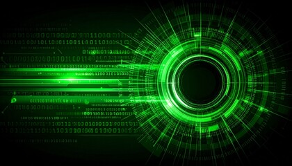 a futuristic digital abstract technology graphic design. The image features a glowing green circular design with binary code on a black background