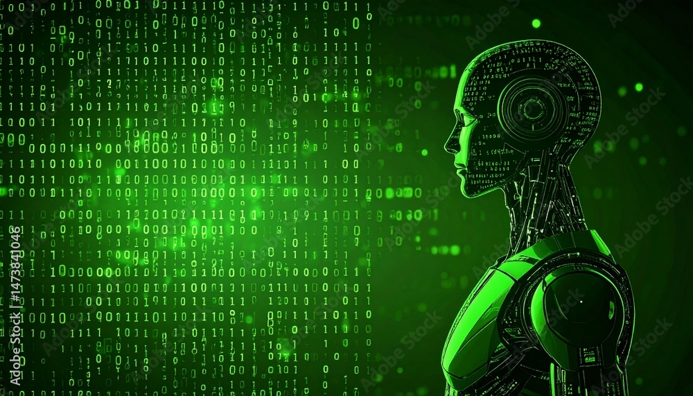 Poster a futuristic android looks on a data-filled background