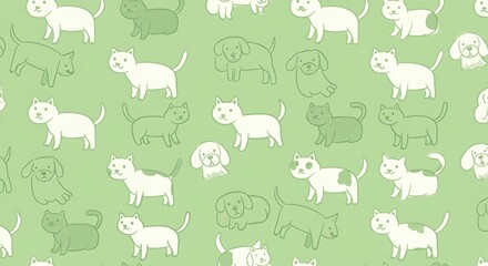 Seamless pattern of cute dogs and cats on a green background