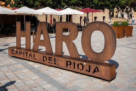 Haro, Spain - August 20, 2024: Poster in the Plaza de la Paz, Haro, Capital of Rioja Wine, Spain. Town Hall