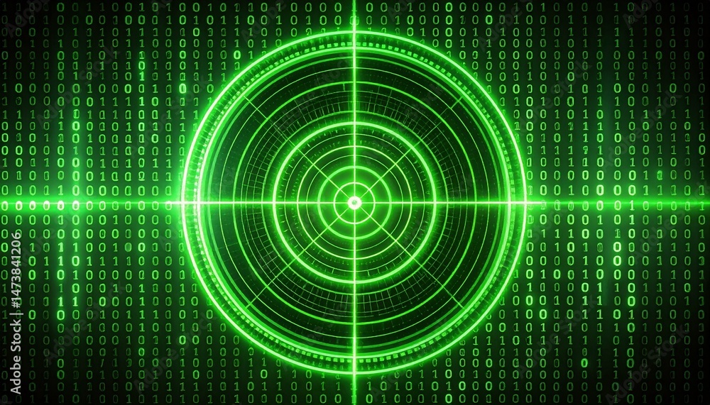 Poster a digital radar screen glows, highlighting a target against a background of binary code. the scene e