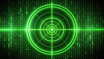 a digital radar screen glows, highlighting a target against a background of binary code. The scene evokes a sense of technology and data