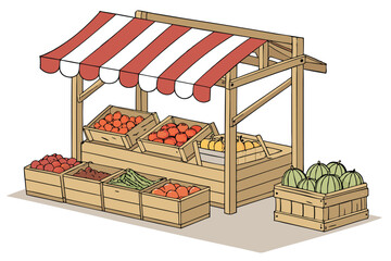 90 a detailed wooden farm stand or outdoor produce stand with a red and white striped awning, displaying a variety of fresh fruits and vegetables in wooden crates and baskets, a rustic and inviting di