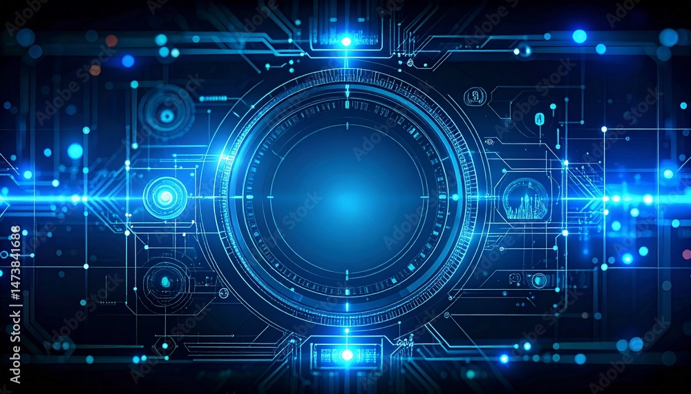 Poster futuristic digital circuit board with glowing lines and dots, embodying the essence of advanced tech