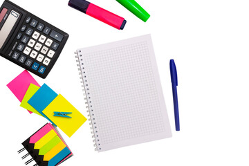 Flat lay with colorful school stationery, checkered book on white background, top view