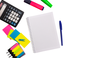 Flat lay with colorful school stationery, checkered book on white background, top view