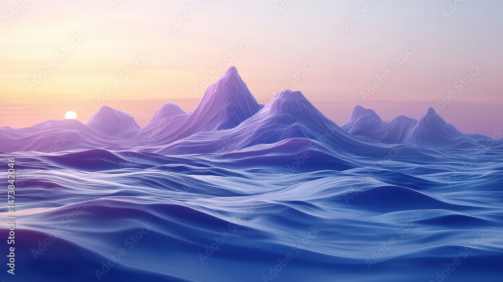 Poster a subtle gradient 3d background shows realistic mountain peaks and soft waves from a side angle in a