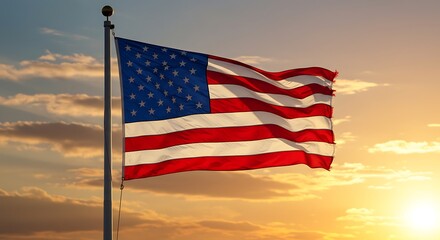 United States Flag Waving Against Sunset Sky