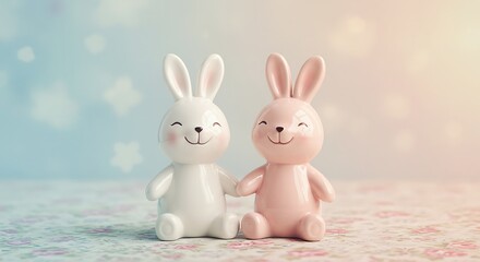 Obraz premium Two cute bunny figurines holding hands on a pastel background