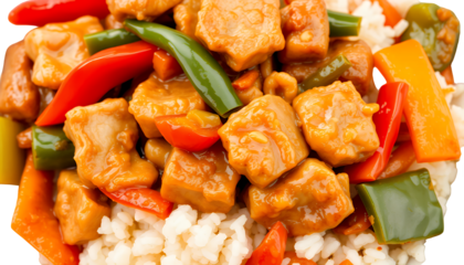Overhead Angle Stir Fried Chicken with Mixed Vegetables on Rice with Transparent Background for Culinary Presentations and Menu Designs in White Background