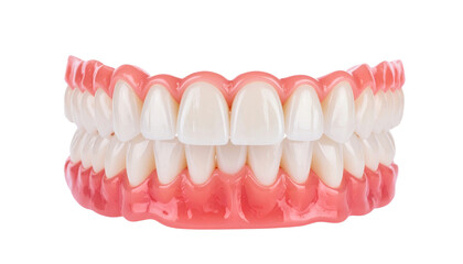 Fototapeta premium close-up of a perfect set of dentures, showcasing their pristine condition and attention to detail. The dentures feature a full set of teeth and gums, highlighting the intricacies of their design