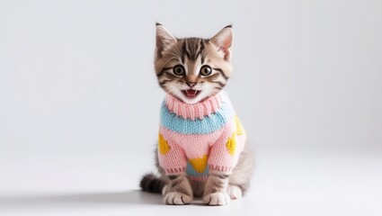 Naklejka premium Adorable kitten wearing sweater posing indoors cute photography in bright environment