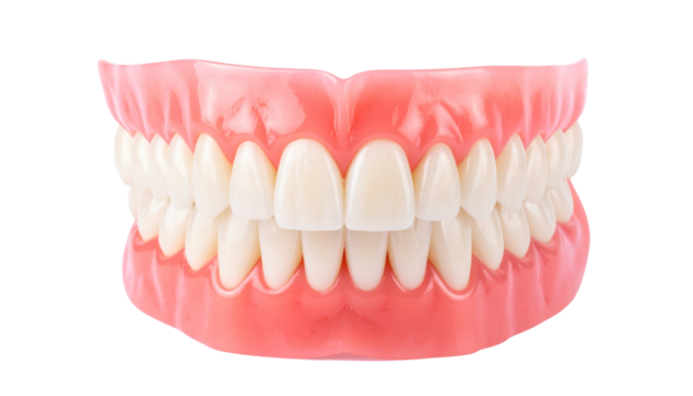a detailed view of a full set of dentures, with a realistic and natural look. The dentures are in a mouth-like shape, featuring a complete set of upper and lower teeth