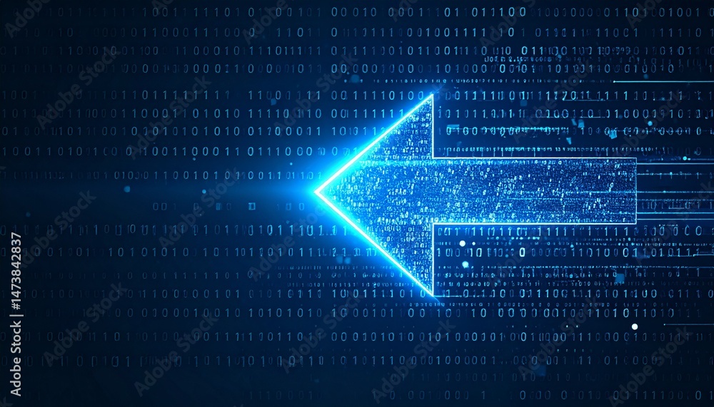 Poster a glowing blue arrow pointing left, set against a backdrop of binary code. a digital age concept, em