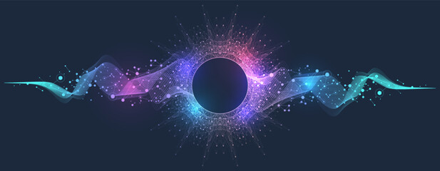 Music Poster For Electronic Festival With Fractal Dotted Lines And Waves. Party Flyer Cover Design Concept Of Electro Music Fest. Vector Illustration.