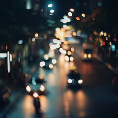 A blurry photo of a city street at night with lights from cars and motorcycles. Scene is busy and chaotic, with the lights from the vehicles creating a sense of movement and energy